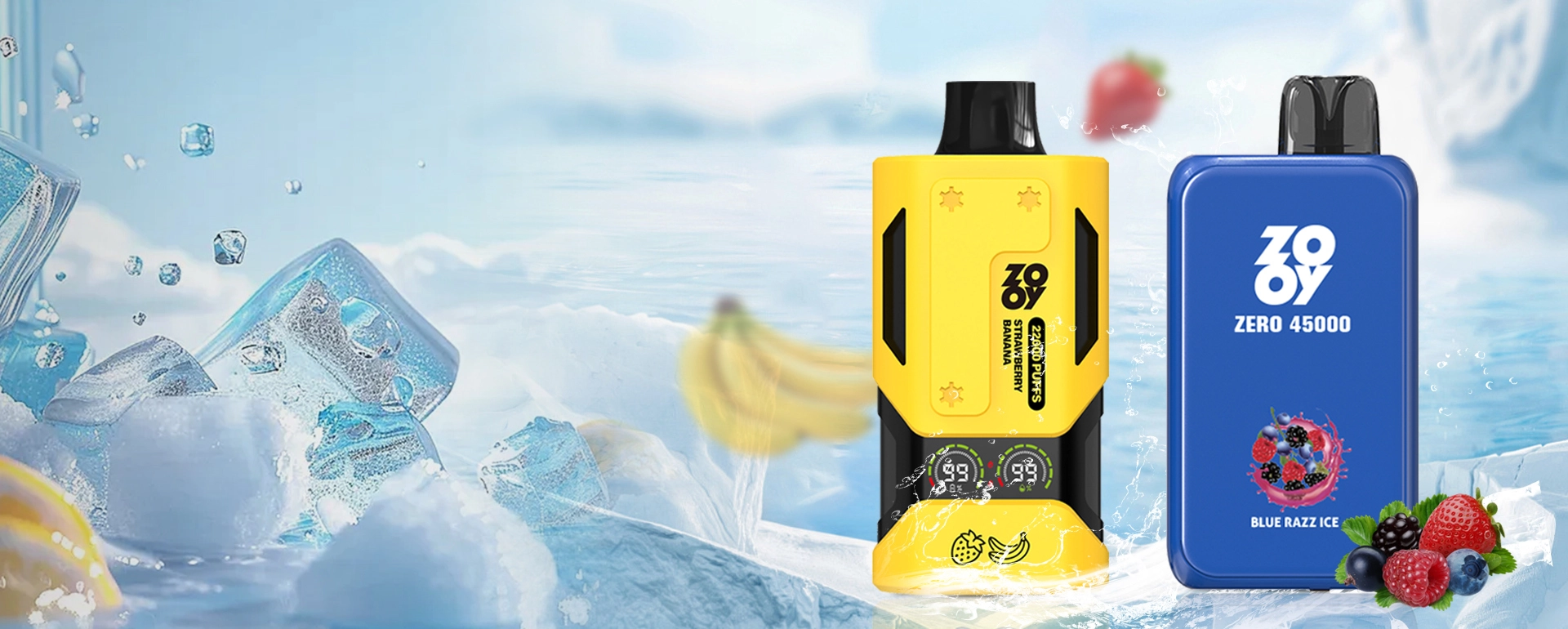 The ZOOY ZERO 45000 disposable vape in Strawberry Banana and Blue Razz Ice flavors, with their digital screens clearly displaying 99% battery and e-liquid levels.