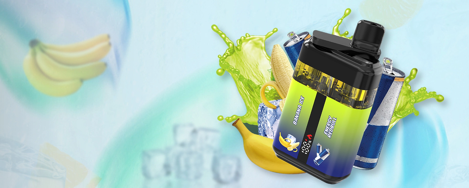 An innovative ZOOY dual-flavor disposable vape, allowing users to switch between Banana Ice and Energy Rebull flavors in a single device.