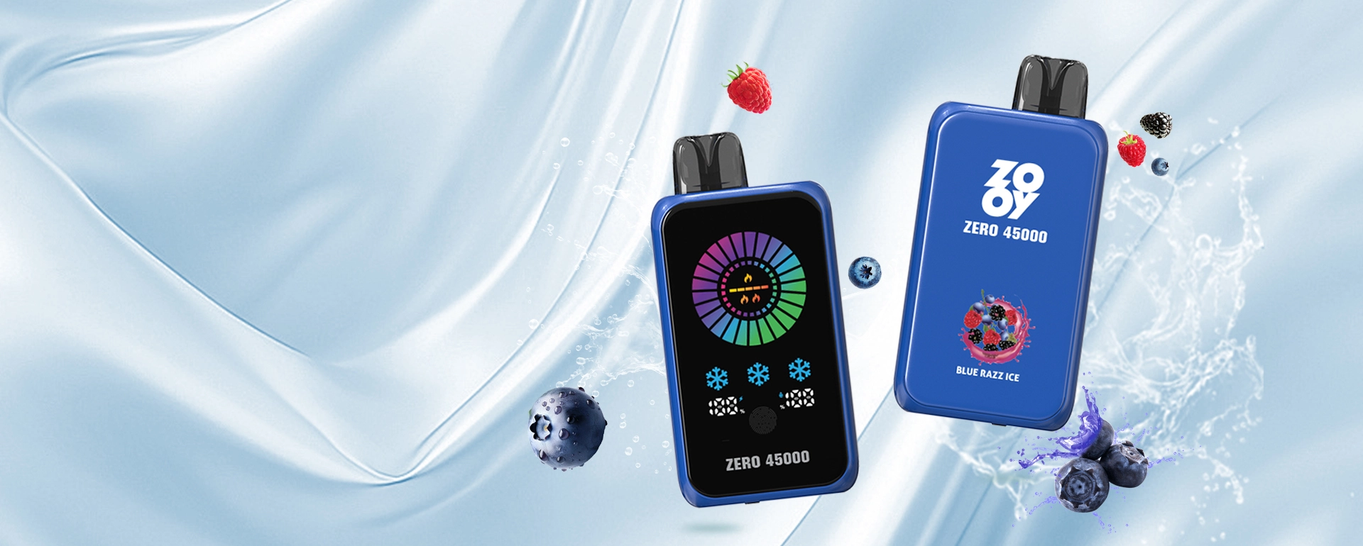 The ZOOY ZERO 45000 disposable vape in blue, showcasing its large interactive color screen with power settings and its Blue Razz Ice flavor.